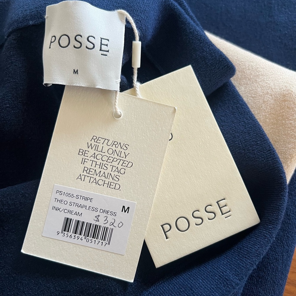 NWT Posse Theo Strapless Dress, size M in Bone/Ink(dark blue)